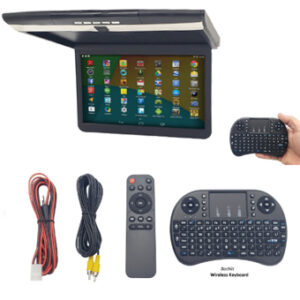 The image shows the dropdown monitor kit with the cables, remote controller, and wireless keyboard.